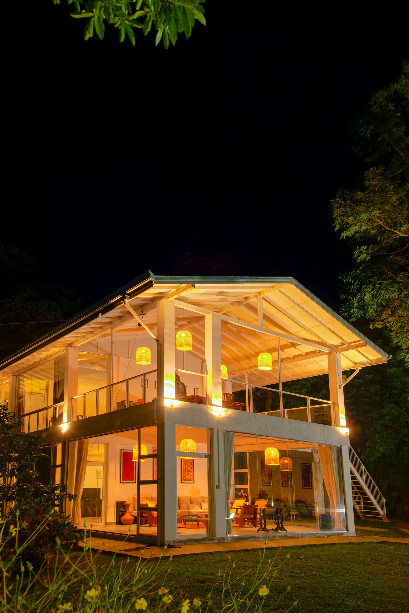Villa exterior at night